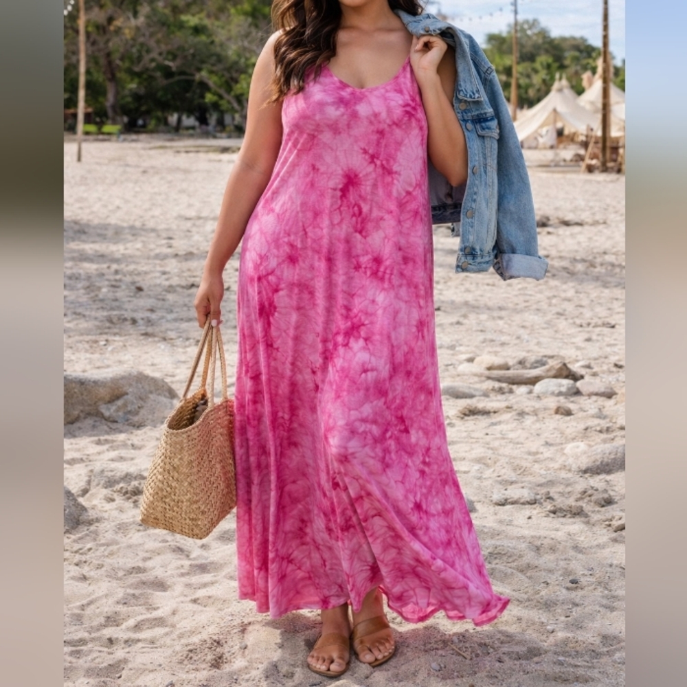 NWT India Boutique Pink Tie-Dye Maxi Dress Boho Festival Flowy Sleeveless Summer